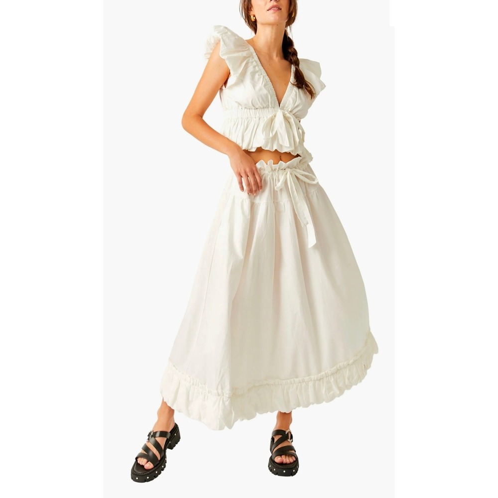 Free People Women's Favorite Part Ruffle Cotton Tie-waist Midi-skirt In Ivory SM
